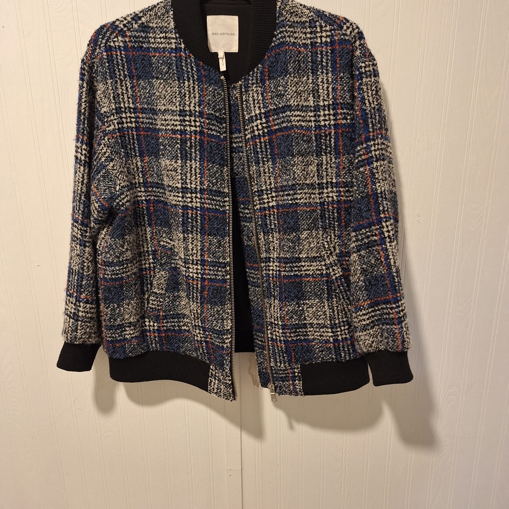 Avec Les Filles Plaid Knit Jacket with Blue and Orange Accents - Picture 7 of 16